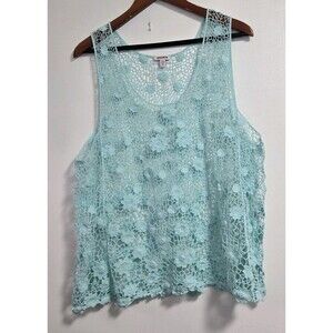 Bongo Plus Tanktop Womens 1X Blue Sheer Crochet Open Knit Boho Festival Beach